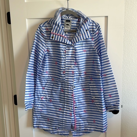 Joules Women's 6 Longline Rain Jacket Blue Stripe Lobster Print Preppy Nautical - Picture 1 of 16
